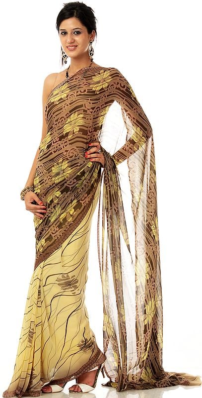 Dusty-Yellow Mysore Sari with Modern Print