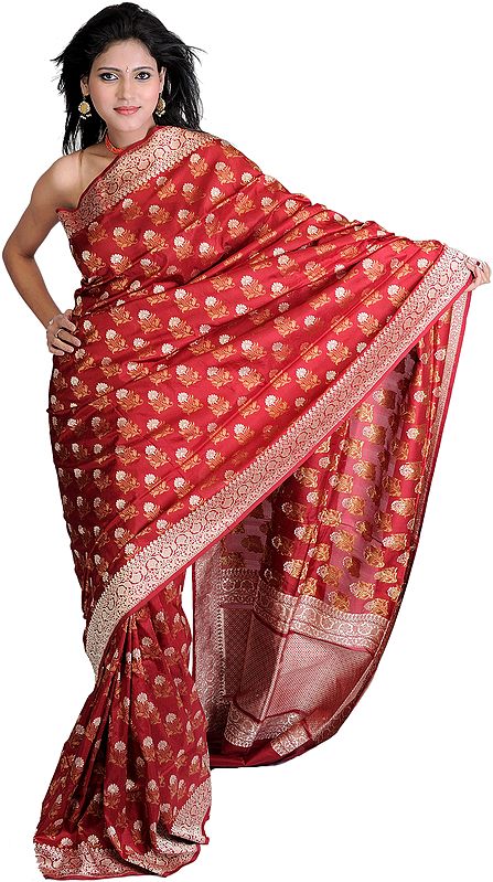 Earth-Red Jamdani Sari from Banaras with Woven Flowers All-Over