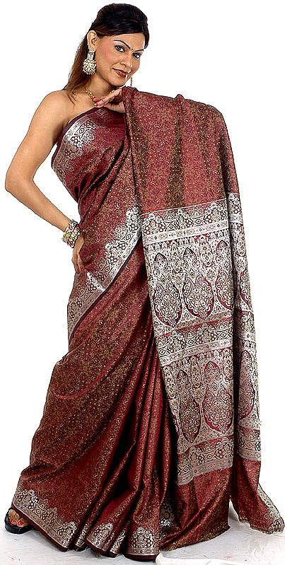 Eggplant Banarasi Jamawar Sari with Silver Tanchoi Weave