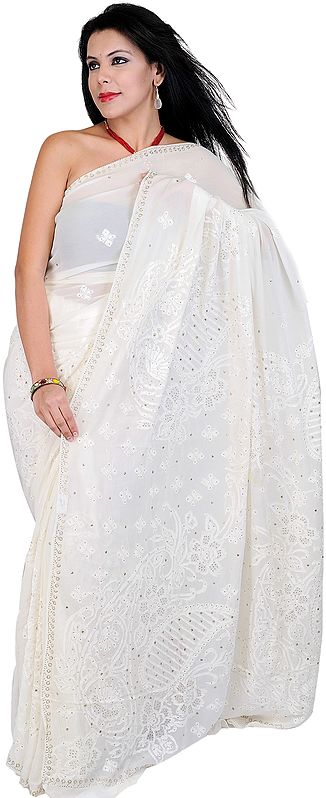 Exclusive Ivory Lukhnavi Chikan Sari with Sequins and All-Over Embroidery by Hand