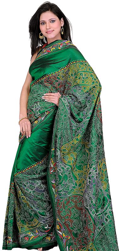Fairway-Green Kantha Sari with Hand-Embroidered Lord Ganesha
