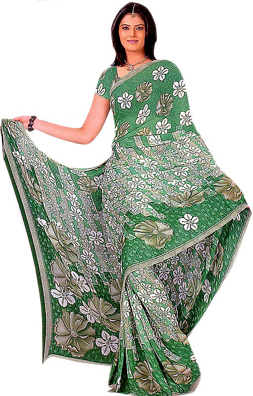 Fairway-Green Sari with Printed Flowers and Embroidered Sequins