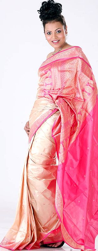 Fawn and Pink Coimbatore Sari with Woven Bootis and Border