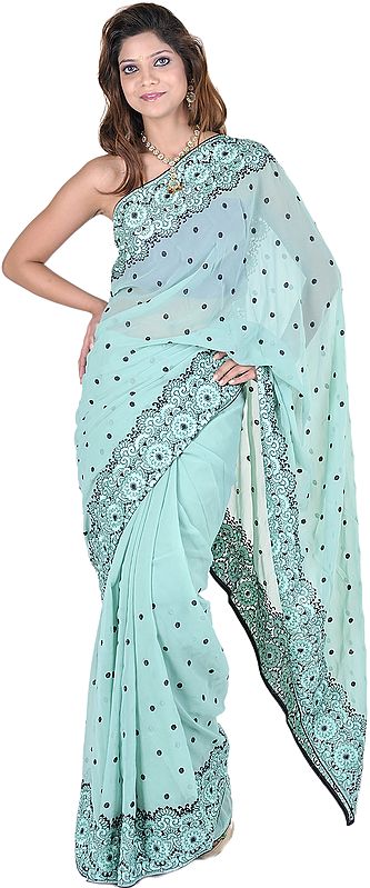 Feldspar-Green Sari with Crewel Embroidered Flowers and Bootis