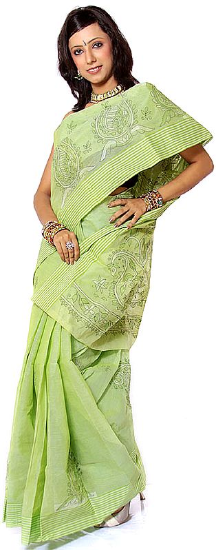 Fern-Green Kantha Hand-Embroidered Sari from Bengal