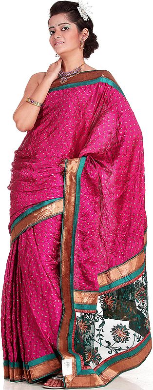 Festival-Fuchsia Bandhani-Print Sari with Net Anchal and Patch Border