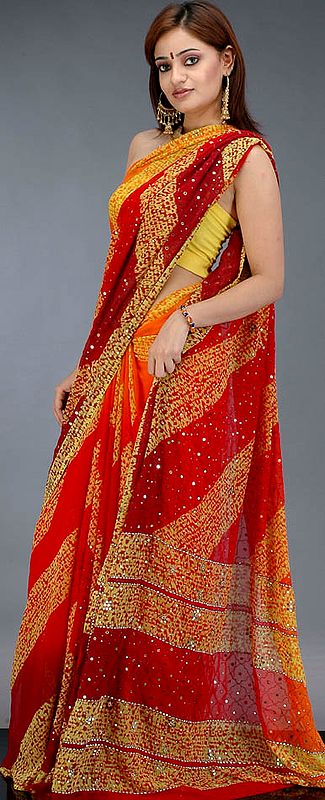 Fiery Red Sari with Mirror Work