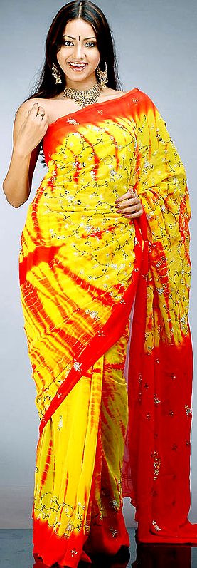 Fiery Yellow and Red Shaded Sari with Beads and Mirrors