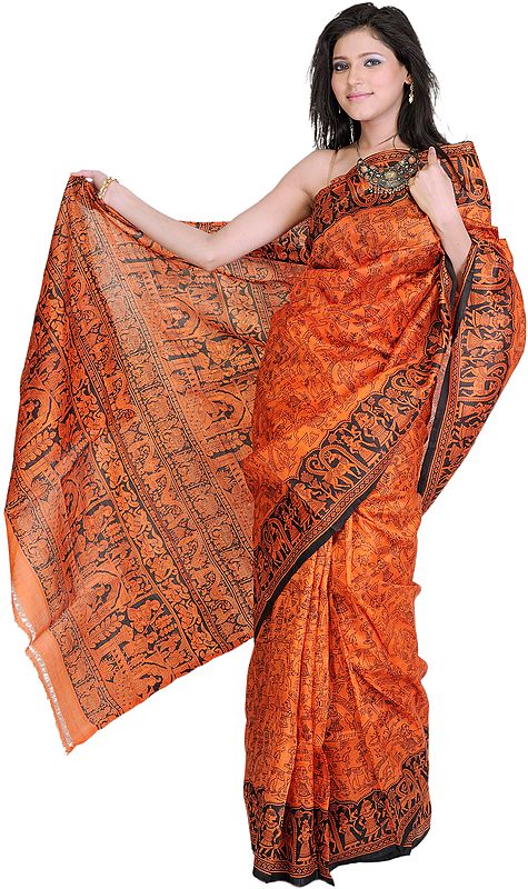 Firecracker-Orange Sari from Kolkata with Folk Print