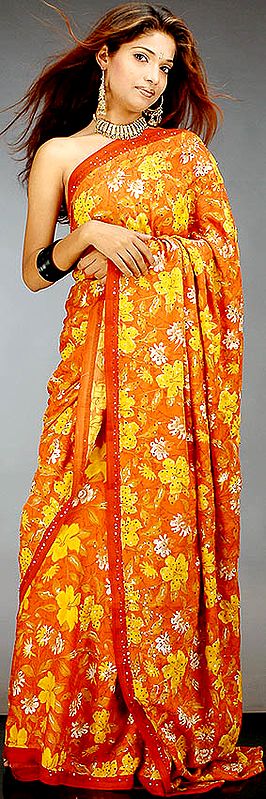 Floral Printed Sari with Sequins on Pallu and Border
