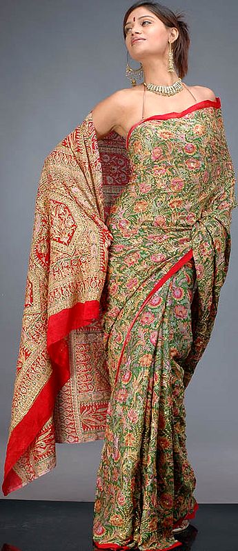 Floral-Printed Crepe Sari with Sequins
