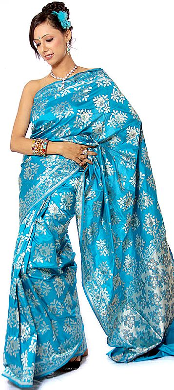 Flowers Woven by Hand All-Over on a Turquoise Banarasi Sari