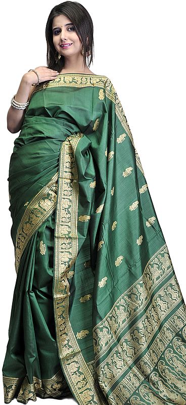Forest-Green Baluchari Sari from Bengal with Mythological Episodes Woven by Hand