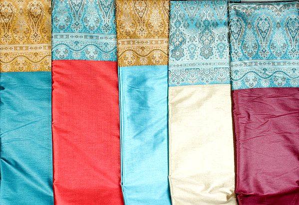 Lot of Five Plain Banarasi Saris with Weave on Border and Anchal