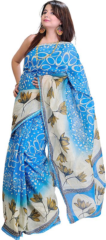 French-Blue Sari with Printed Lotuses