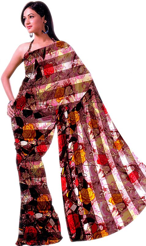 French-Roast Sari with Large Printed Flowers and Embroidered Sequins