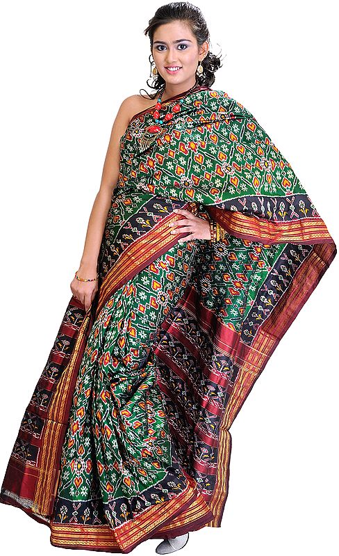 Frosty-Green Paan Patola Sari from Pochampally with Ikat Weave