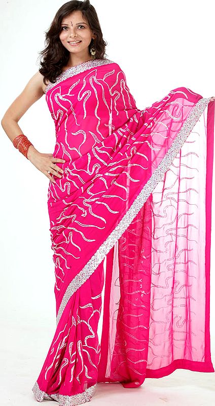 Fuchsia Designer Sari with All-Over Sequins