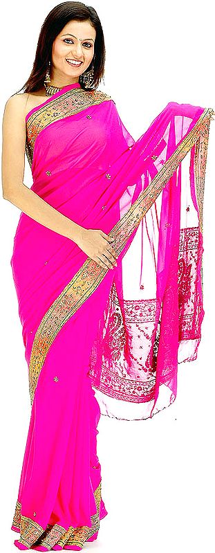 Fuchsia Georgette Sari with Beads and Tissue Border