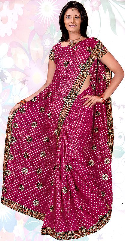 Fuchsia Shimmer Sari with Embroidered Flowers and Patch Border