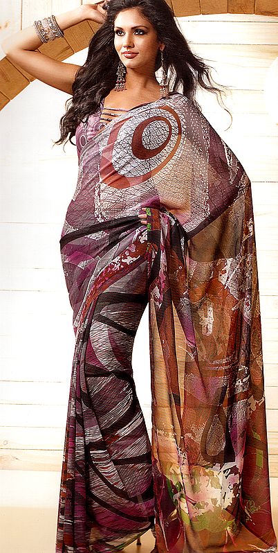 Fuchsia-Purple Designer Block Printed Sari
