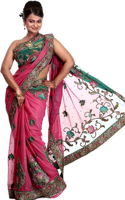 Fuchsia-Purple Designer Sari with Embroidered Flowers and Patch Border