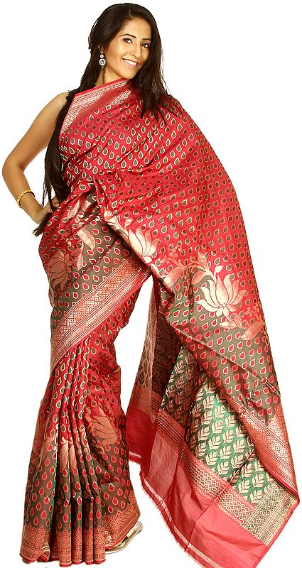 Fuchsia-Rose Hand-Woven Banarasi Sari with All-Over Woven Bootis, Flowers and Brocaded Aanchal