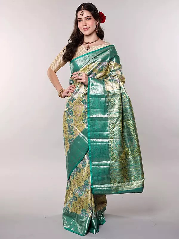 Rice-Gold Pure Silk Floral Vine Woven Saree with Zari Weave and Wide Border from Bangalore