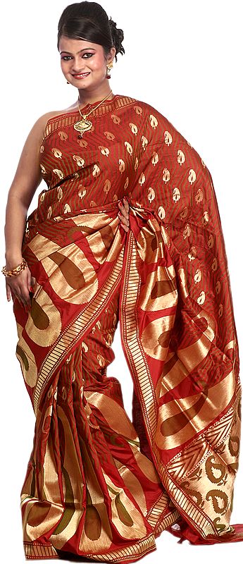 Garnet Red Banarasi Sari with Handwoven Giant Paisleys All-Over and Brocaded Aanchal