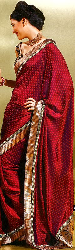 Garnet-Red Sari With All-Over Woven Paisleys and Brocaded Patch Border