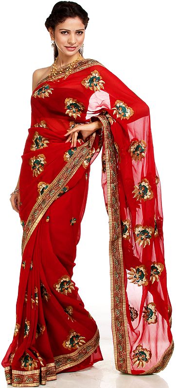 Garnet-Red Sari with Large Aari Embroidered Flowers
