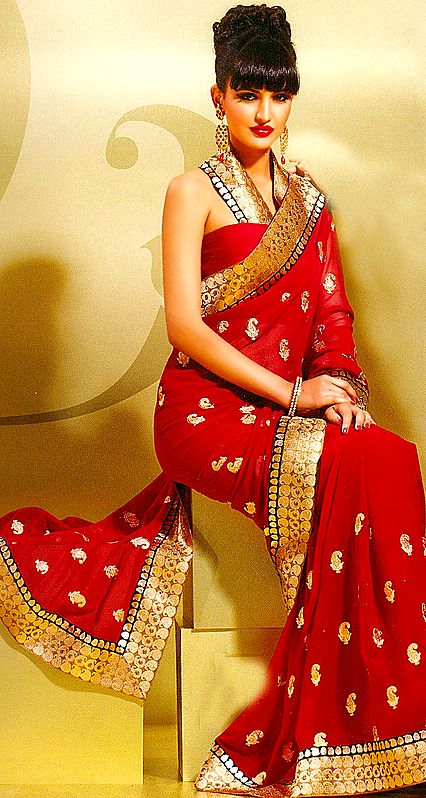 Garnet-Red Sari with Metallic Thread Embroiderd Bootis and Paisley Patch Border