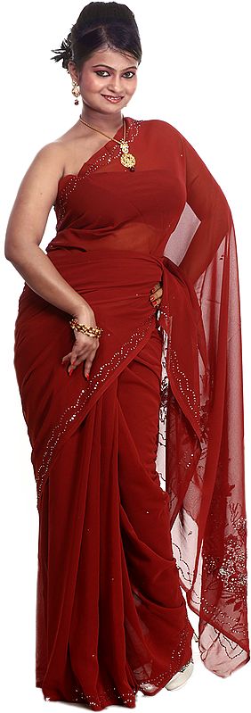 Garnet-Red Sari with Thread Embroidery and Sequins