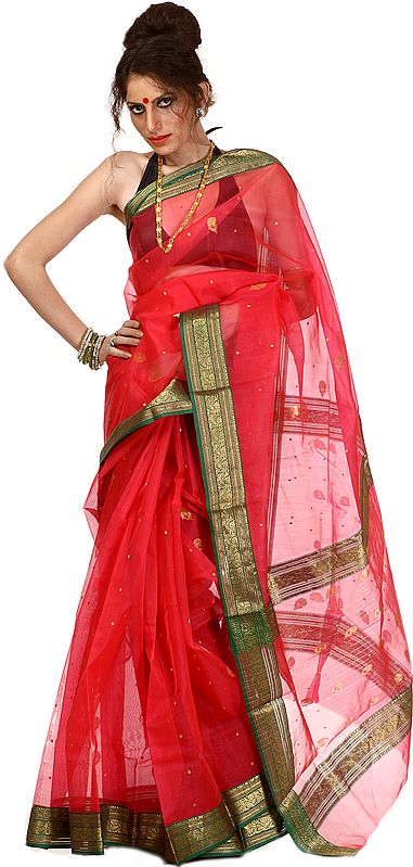 Geranium-Red Chanderi Sari from Madhya Pradesh with All-Over Embroidered Bootis and Wide Brocade Border