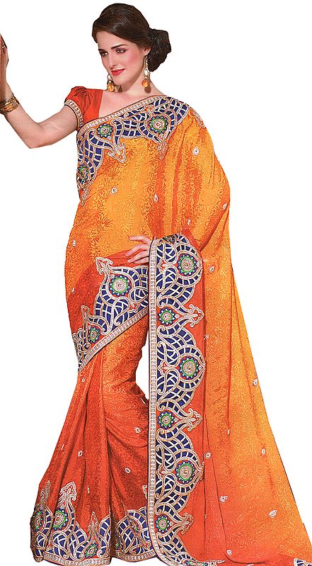 Ginger-Orange Wedding Sari with Heavy Patch Border and Self Weave