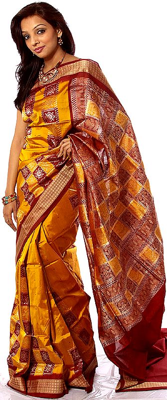 Gold and Maroon Bomkai Sari with Box Pallu Hand-Woven in Orissa