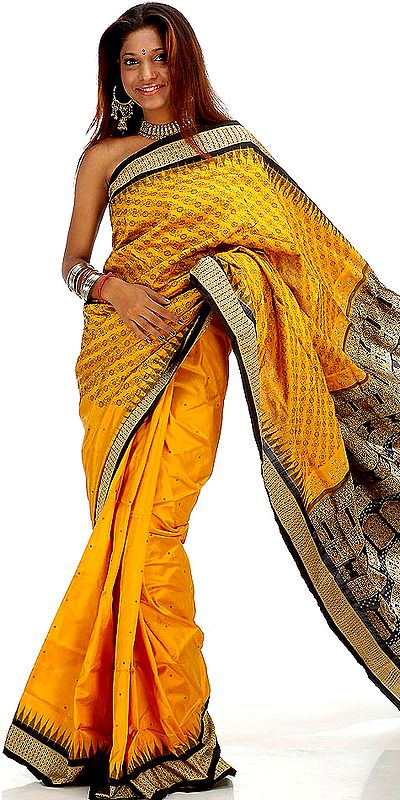 Golden and Black Bomkai Sari from Orissa with Rudraksha Border