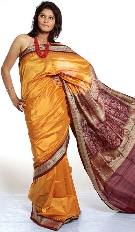 Golden and Maroon Bomkai Sari Hand-Woven in Orissa