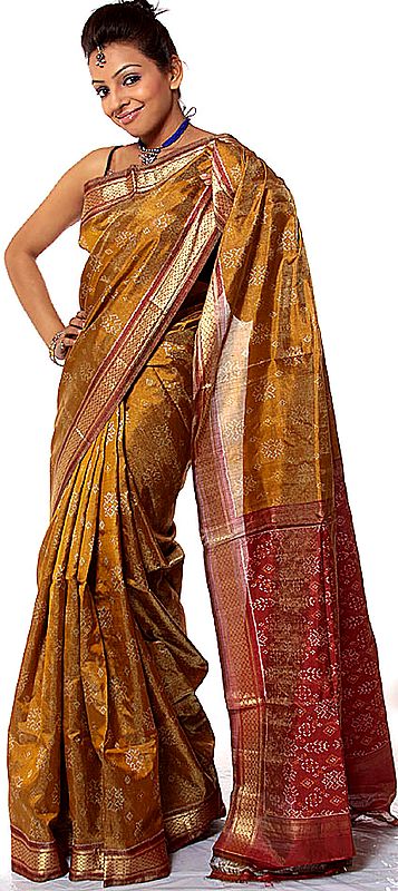 Golden and Maroon Tissue Sari from Hyderabad with Ikat Weave