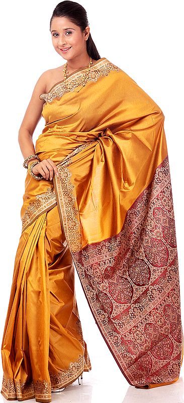 Golden Banarasi Sari with Jacquard Weave on Anchal