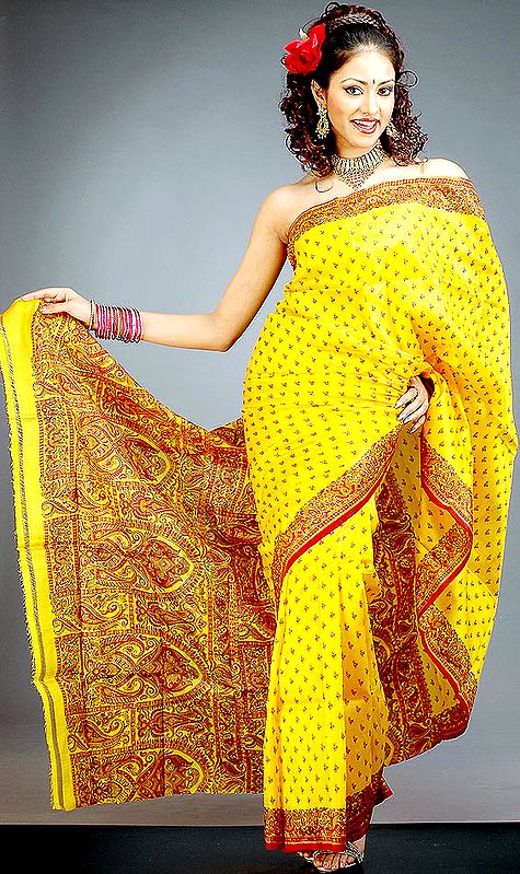 Golden Block Printed Sari from Bengal