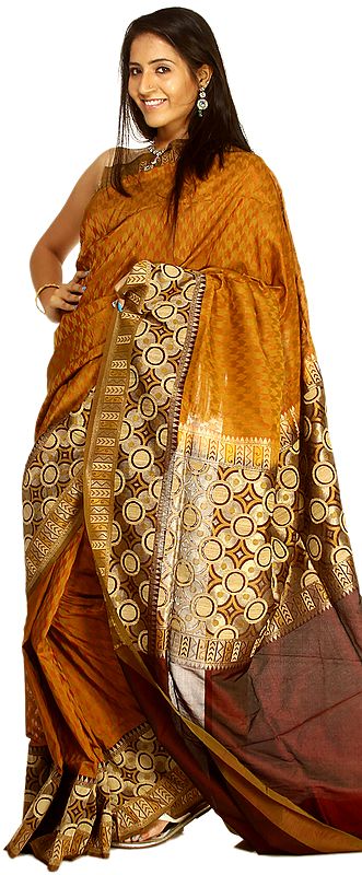 Golden Brown Hand-Woven Jamdani Sari From Banaras