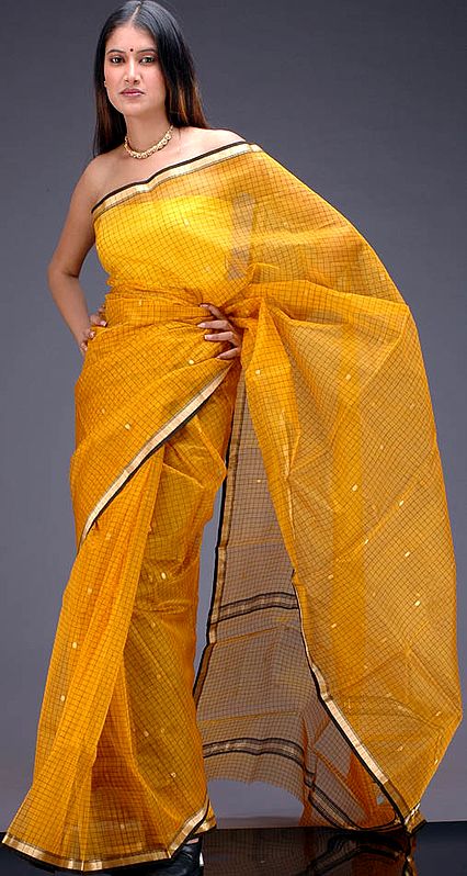 Golden Chanderi Sari with Bootis and Checks