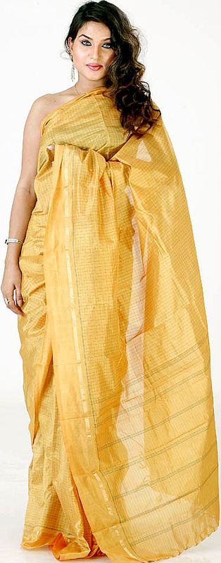 Golden Puja Sari with All-Over Woven Checks