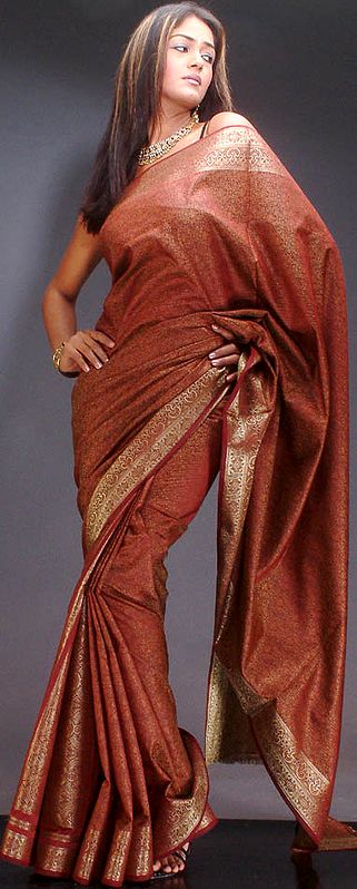 Golden Red Banarasi Sari with Tanchoi Weave