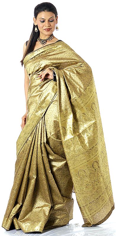 Beige Tanchoi Sari from Banaras with All-Over Thread Weave