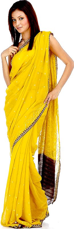 Golden Yellow Sari with Sequins and Threadwork