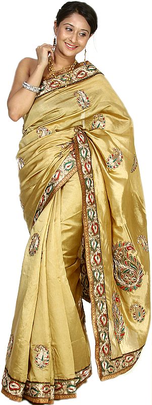 Golden-Beige Banarasi Sari with Zardozi Thread Embroidered Paisleys and Patch Border