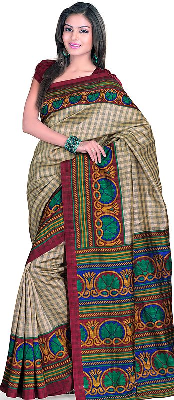 Beige Sari from Surat with Floral Print on Border and Woven Checks
