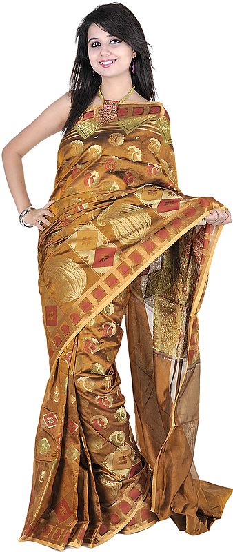 Golden-Brown Banarasi Sari with All-Over Woven Paisleys and Brocaded Aanchal